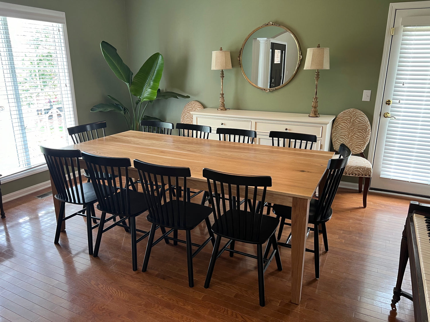 Solid white oak shaker dining table with black windsor chairs
